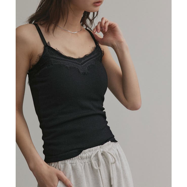 ブラック | 裏起毛レース切り替えキャミソール | ad thie