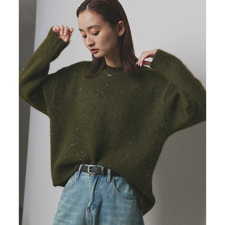 カーキ | 【2025AW新作】アシメヘムスパンコールニットトップス	 | ad thie