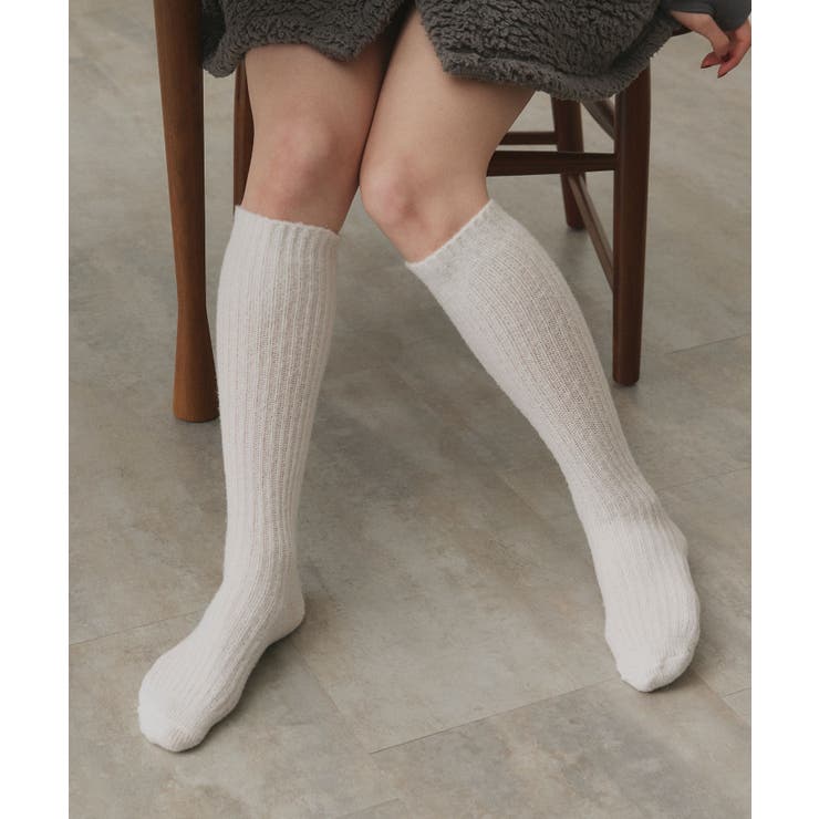 オフホワイト | リブニットハイソックス | ad thie