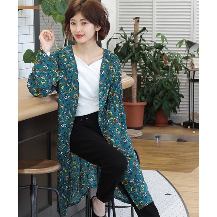 花柄カーディガン レトロ ロング リボン フレアスリーブ[品番 花柄カーディガン レトロ ロング リボン フレアスリーブ[品番