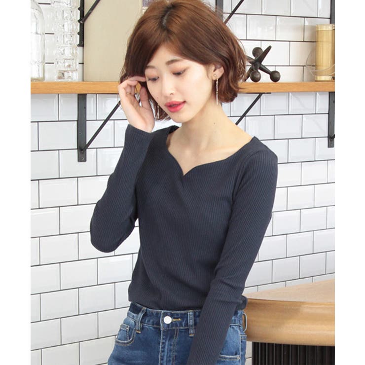 ハートネックロングTシャツ ロンT トップス インナー レディース
