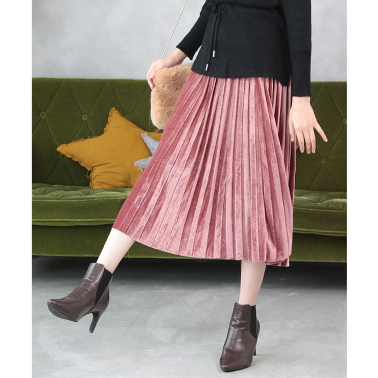 ピンク | ミモレ丈ベロアプリーツスカート | ad thie