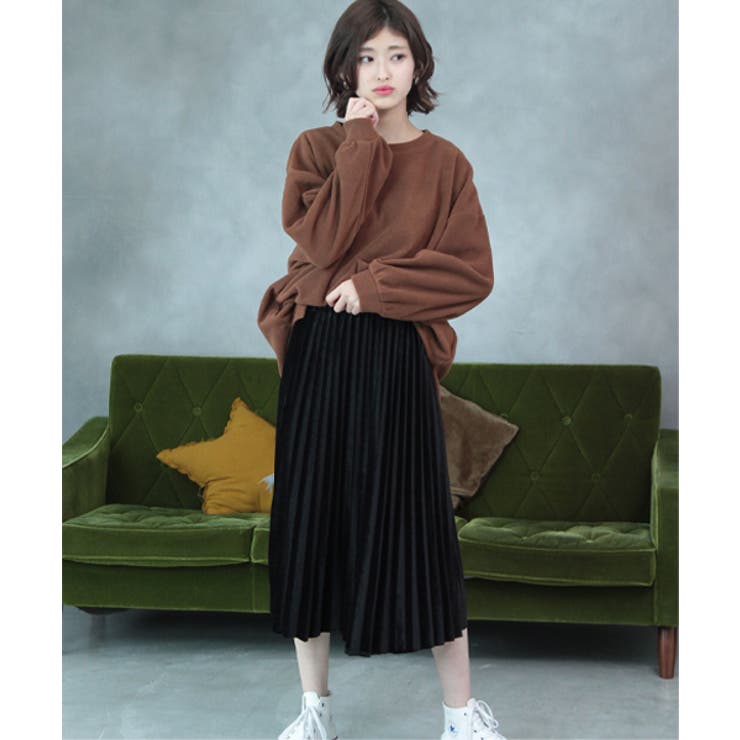 ブラック | ミモレ丈ベロアプリーツスカート | ad thie