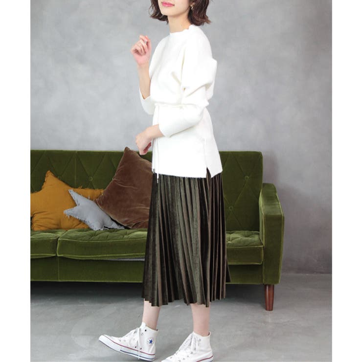 カーキ | ミモレ丈ベロアプリーツスカート | ad thie