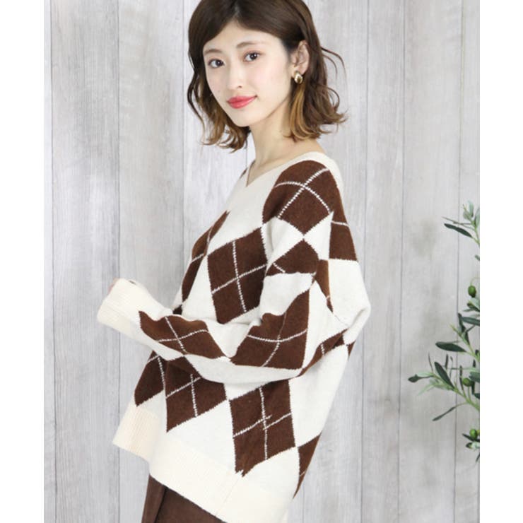 アーガイル柄Vネックニット[品番：ADEW0000143]｜ad thie