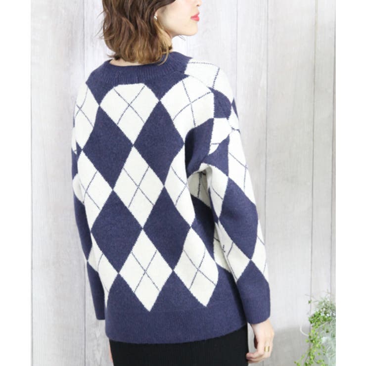 PRADAネイビー Vネック アーガイル ニット 中古・古着通販】PRADA (プラダ) アーガイルニットカーディガン