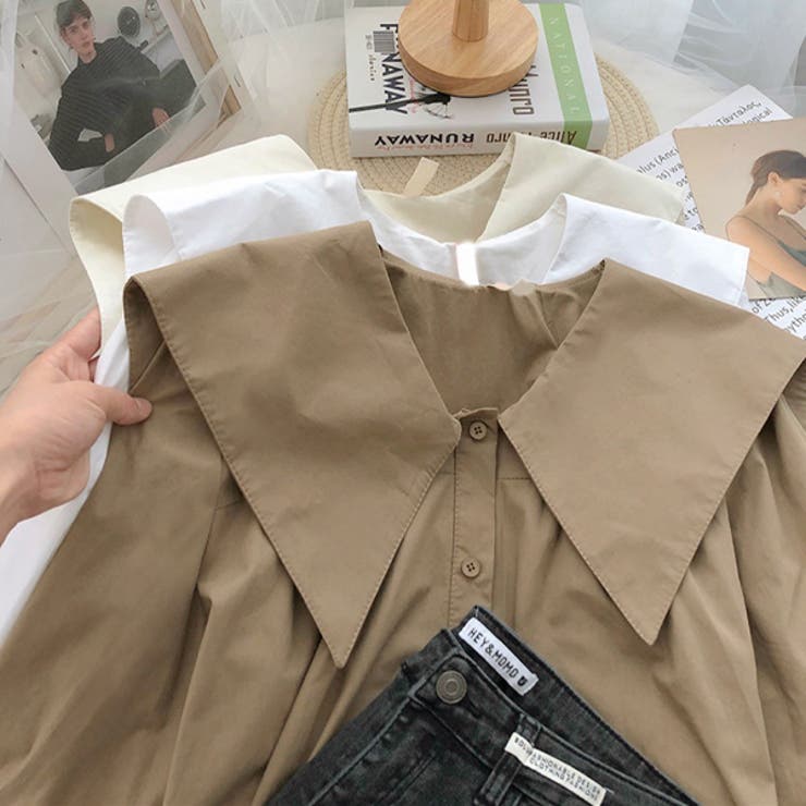 ビッグカラーブラウス セーラーカラー ギャザー ボタン[品番