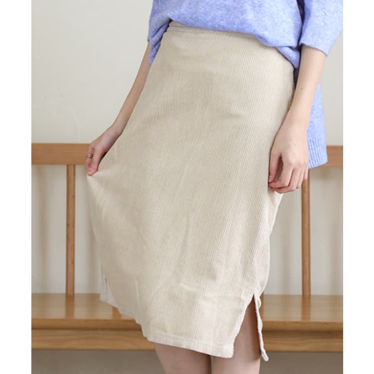 ベージュ | サイドスリット入りコーデュロイタイトスカート | ad thie