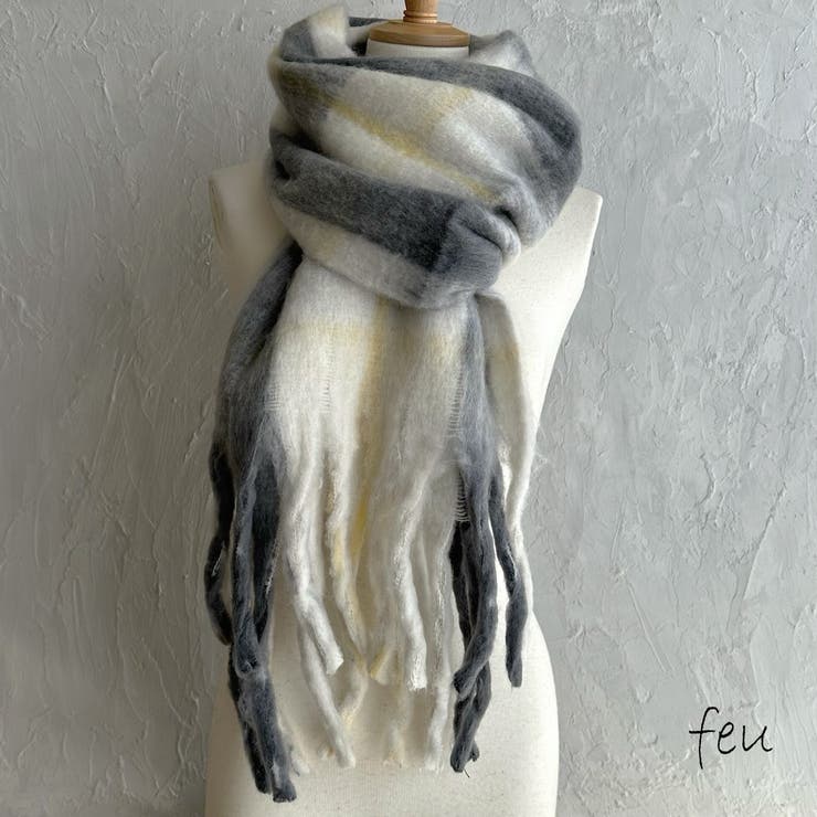 ブラック | ボリュームチェックマフラー 厚手 暖かい | feu