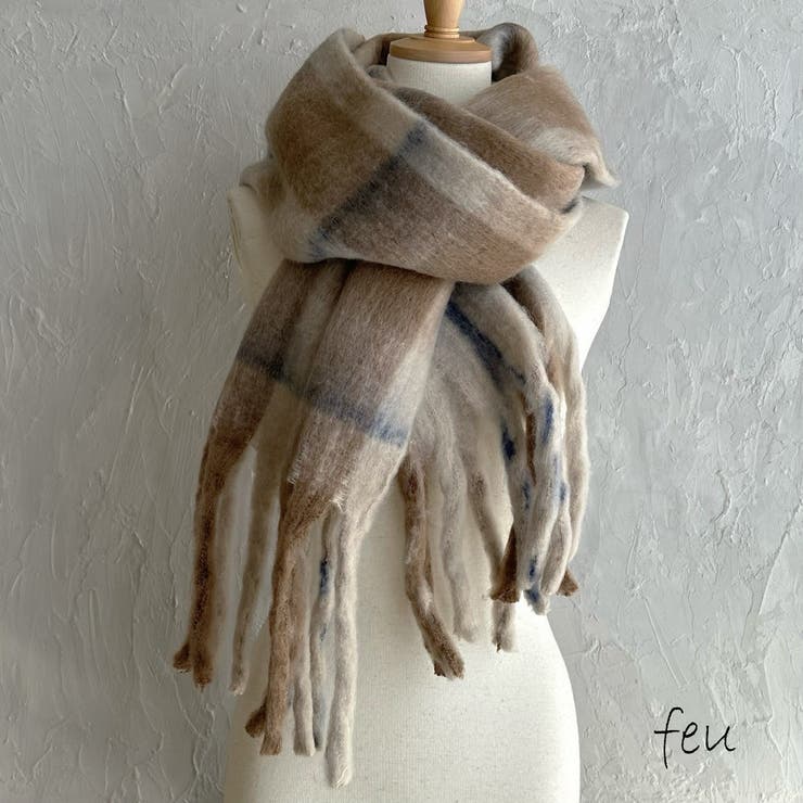 ブラウン | ボリュームチェックマフラー 厚手 暖かい | feu