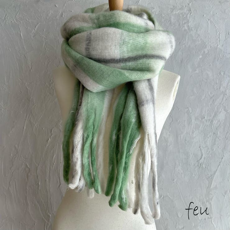 グリーン | ボリュームチェックマフラー 厚手 暖かい | feu