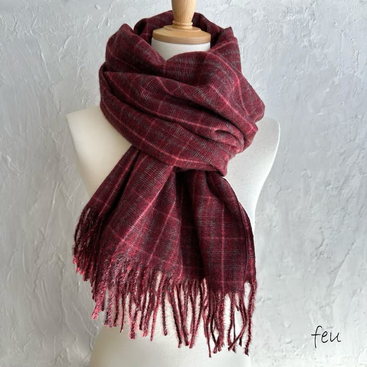 レッド | チェック柄ストールマフラー 幅広い 中厚手 | feu