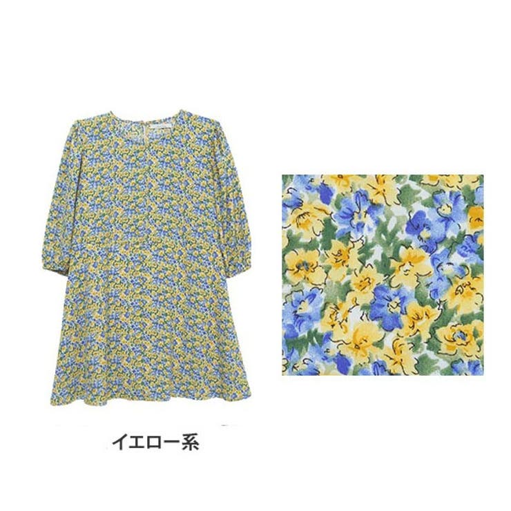 ジョーゼット 花柄 プリント 五分袖 フレアチュニック[品番