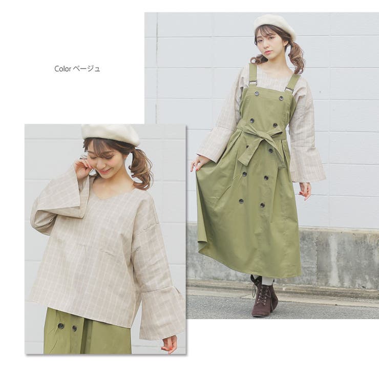 ※大きいサイズレディースブラウス|グレンチェックバックリボン長袖ブラウス_トップスシャツLL3L4L5L春春物春服フレア袖ボリューム袖ぽっちゃりゆったりかわいいおしゃれカジュアル可愛い大人きれいめ上品ビッグサイズ[246198]OMMTO