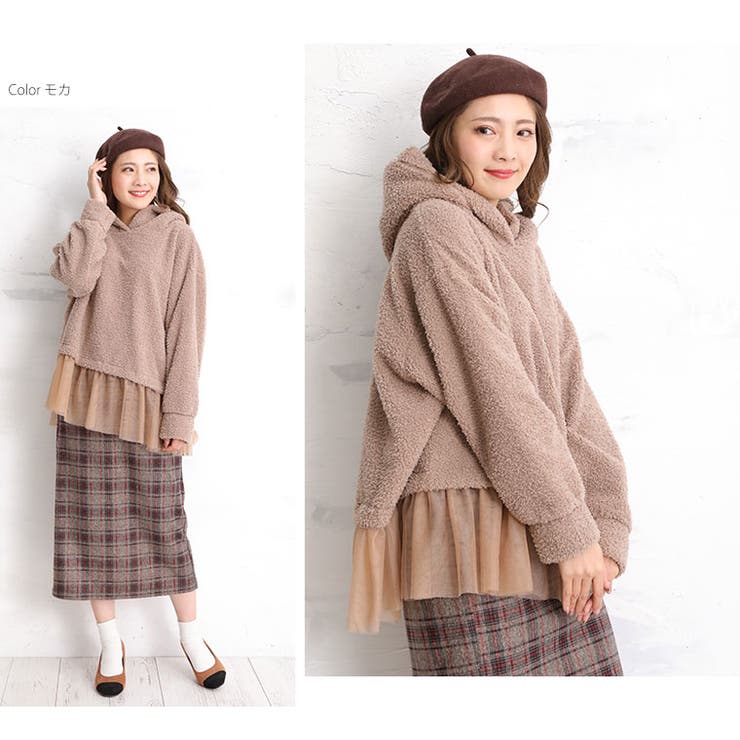 大きいサイズレディーストップス|チュールレース付きボアパーカー_パーカLL3L4L冬冬物冬服ぽっちゃりゆったりお腹胸周りお尻長袖かわいいおしゃれカジュアルナチュラルきれいめ上品ガーリー[510878]OMMTO