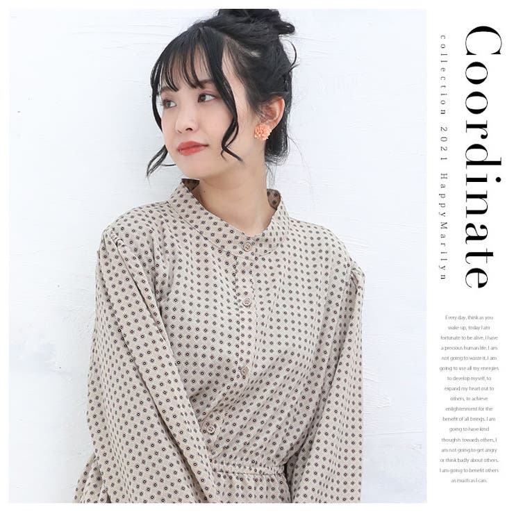 ※大きいサイズレディースワンピース|デシン小紋柄プリントバンドカラーワンピース_オリジナルワンピデザインワンピLL3L4L春春物春服ぽっちゃりゆったりかわいいおしゃれカジュアルナチュラル[TG35680LL-1/TG35680LL-2/TG35680LL-3/TG35680LL-4]