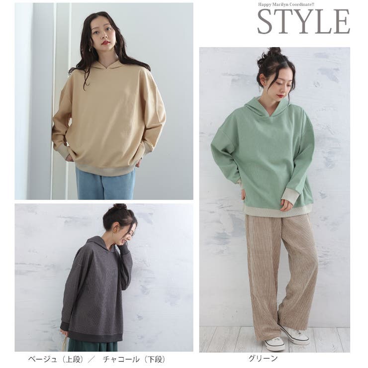 ※大きいサイズレディーストップス|裏起毛配色ワッフルパーカー_パーカープルオーバーフードLL3L4L5L6L冬冬物冬服ぽっちゃりゆったりかわいいおしゃれカジュアルナチュラルプラスサイズフーディワッフル素材フェミニンガーリー[490016]