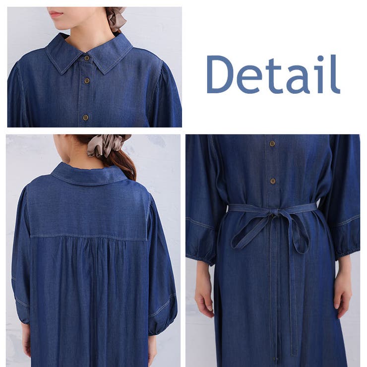 夏でもサラっと着られる デニム見え 七分袖ウエストリボンワンピース | A Happy Marilyn | 詳細画像9 