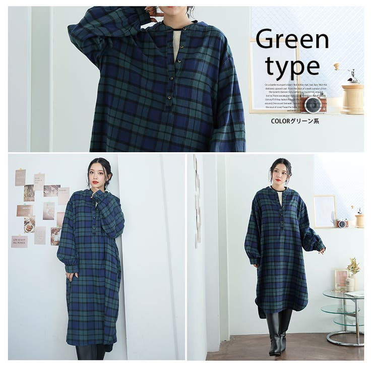 フランネルチェック バンドカラー 裾ラウンドワンピース | A Happy Marilyn | 詳細画像12 