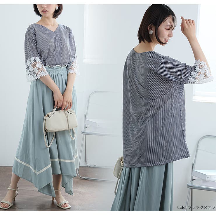 五分袖 レース使い ストライプ | A Happy Marilyn | 詳細画像14 