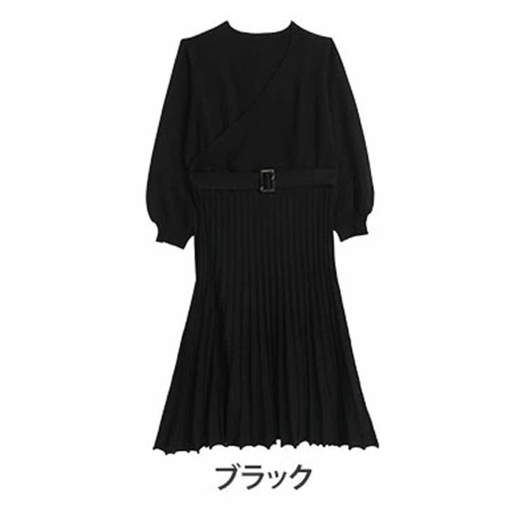 ブラック | カシュクール フレアデザイン ニットワンピース | A Happy Marilyn