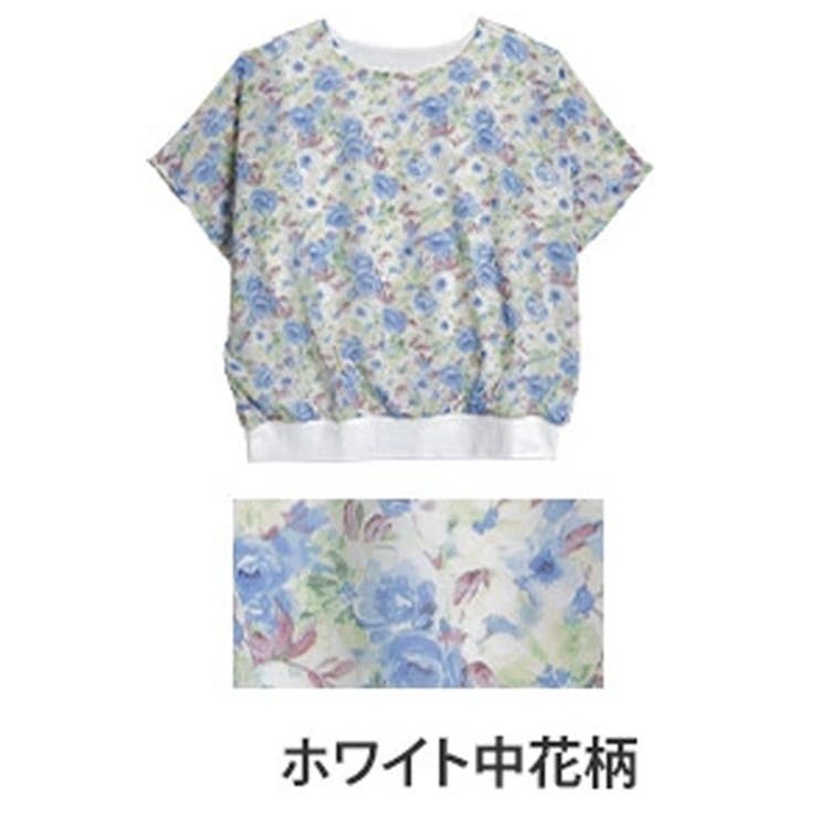 ホワイト中花柄 | さらりと美人！ 涼し気×華奢魅せ フレア袖異素材使いドルマントップス | A Happy Marilyn