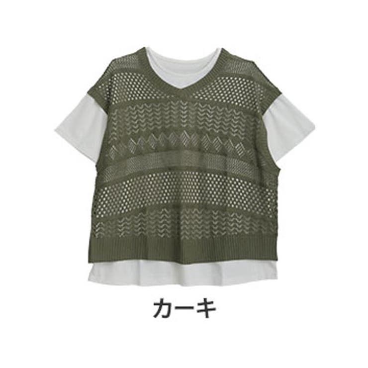 さらりと心地よい 透かし編み ベスト＆Tシャツセット[品番