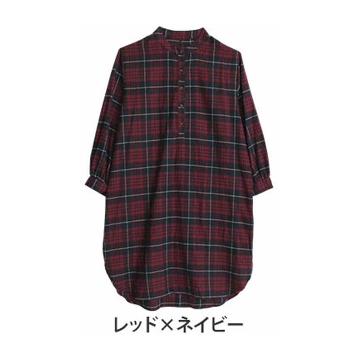 レッド×ネイビー | フランネルチェック バンドカラー 裾ラウンドワンピース | A Happy Marilyn