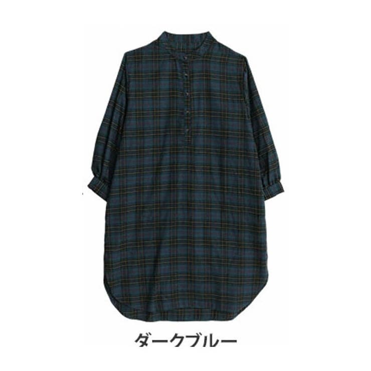 ダークブルー | フランネルチェック バンドカラー 裾ラウンドワンピース | A Happy Marilyn