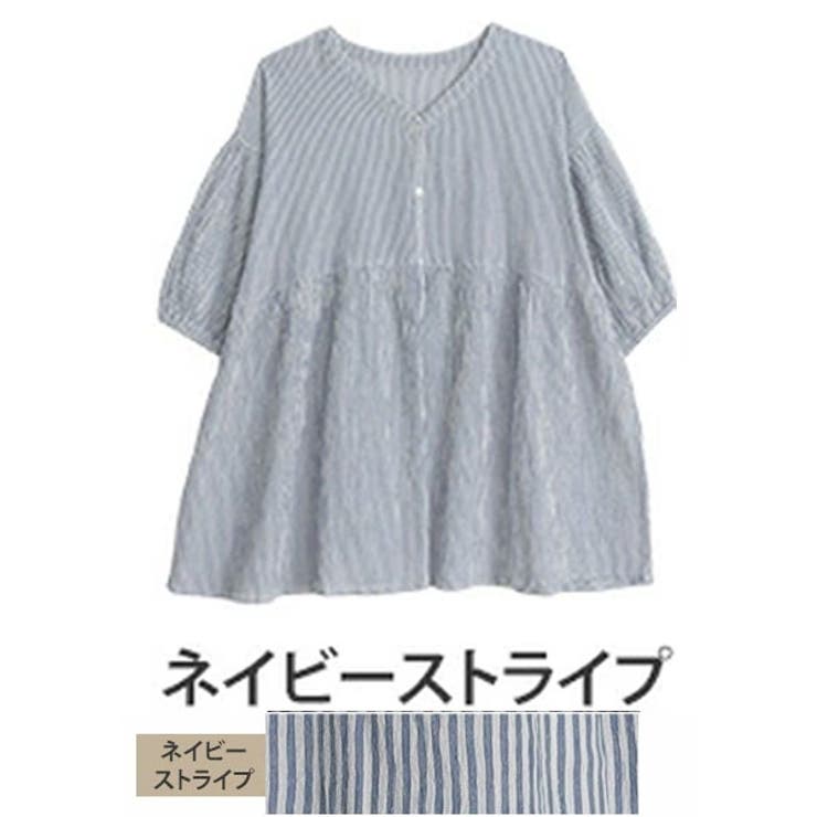 ネイビーストライプ | 【風通るプレミアム】 綿楊柳 七分袖ウエストギャザーブラウス | A Happy Marilyn