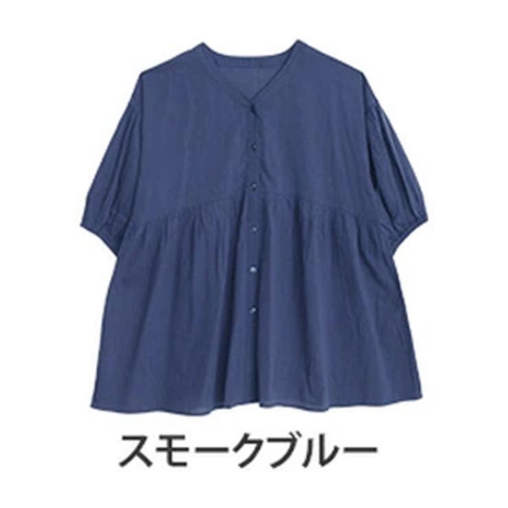 スモークブルー | 【風通るプレミアム】 綿楊柳 七分袖ウエストギャザーブラウス | A Happy Marilyn