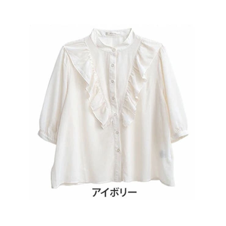 シフォン しわ加工 無地 五分袖 フリルブラウス[品番