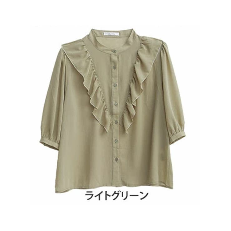 シフォン しわ加工 無地 五分袖 フリルブラウス[品番