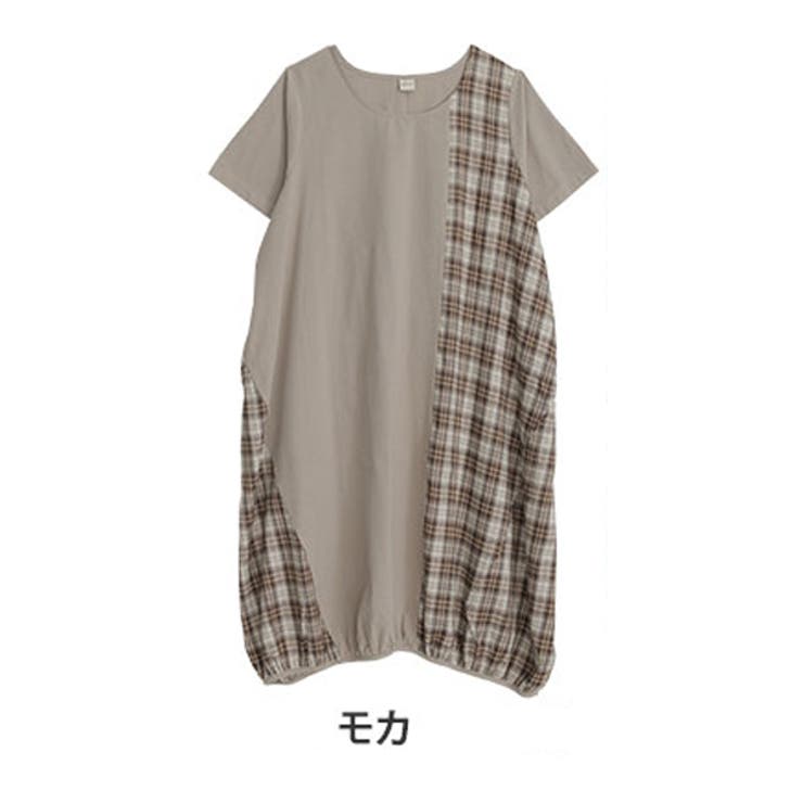 PastelLeaf チェック柄切替 裾タックワンピース[品番