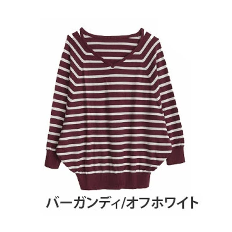 バーガンディ/オフホワイト | コットン Vネックボーダー ドルマンニット | A Happy Marilyn