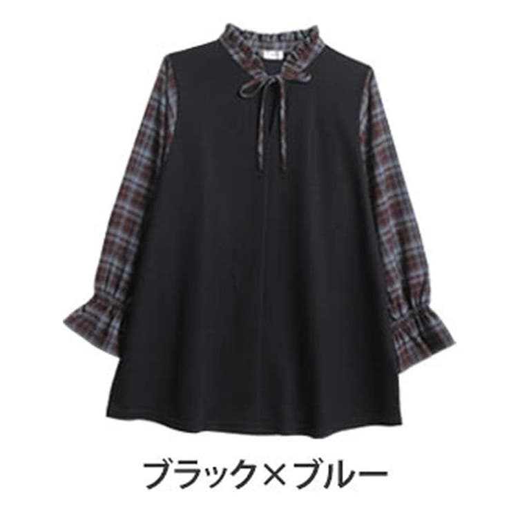 ブラック×ブルー | レイヤード風デザイン チェック ぽわん袖プルオーバー | A Happy Marilyn