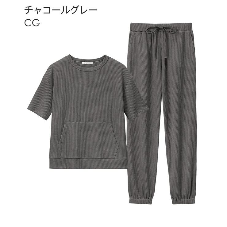 カジュアルワッフル ポケット付き 綿混 半袖 上下セット (男女 カジュアルワッフル ポケット付き 綿混 半袖 上下セット (男女