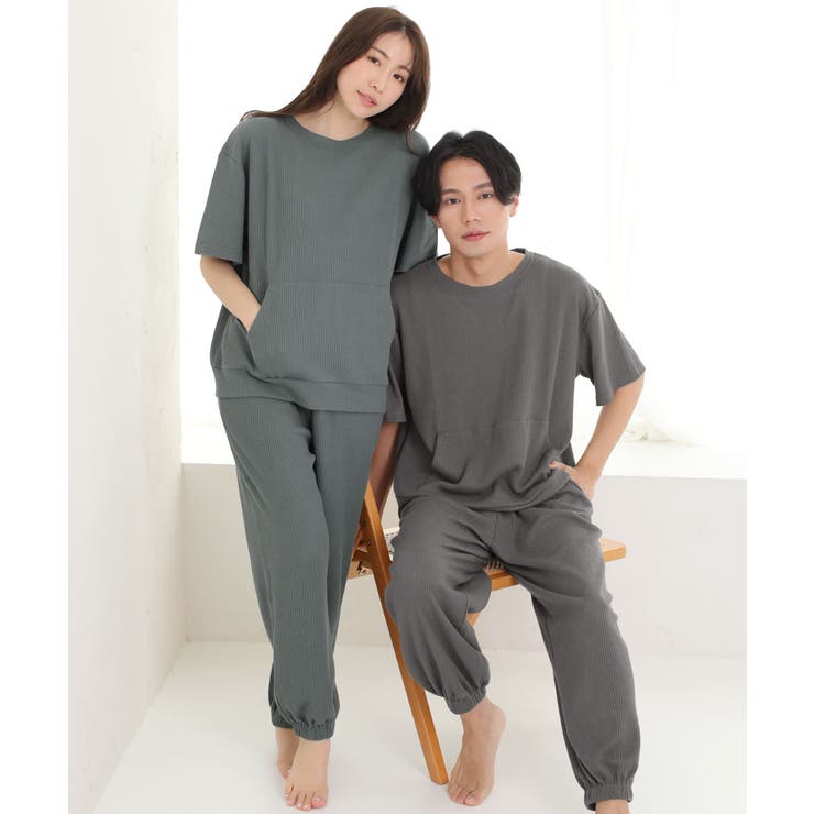 エメフィール❤️aimerfeel 上下セット カジュアルワッフル ポケット付き 綿混 半袖 上下セット (男女