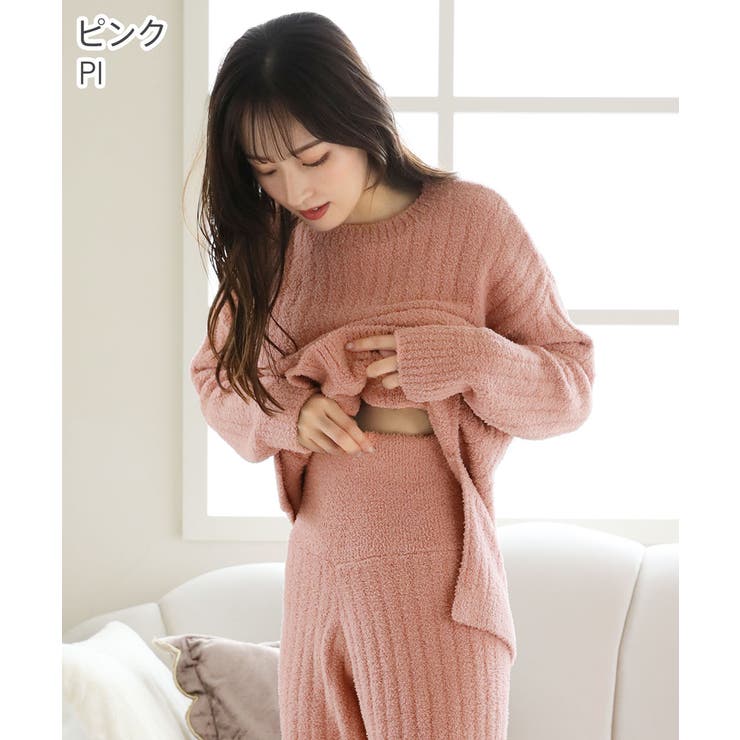 PI-ピンク | リブモールニット 腹巻付き 長袖 上下セット | aimerfeel