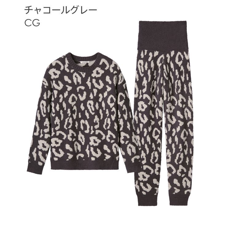 ▽ヒョウ柄 ニット 腹巻付き 長袖 上下セット[品番：SK000010415