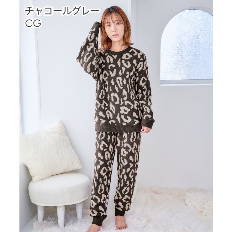 ▽ヒョウ柄 ニット 腹巻付き 長袖 上下セット[品番：SK000010415