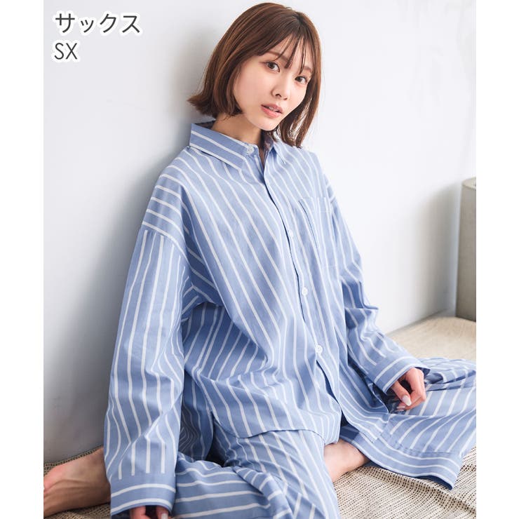 綿100% シャツパジャマ 長袖 上下セット (男女兼用サイズ)[品番