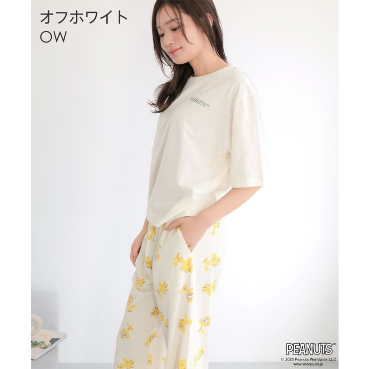 OW-オフホワイト | PEANUTS スヌーピー バックプリント 半袖 綿混 上下セット | aimerfeel