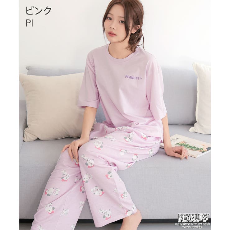 PI-ピンク | PEANUTS スヌーピー バックプリント 半袖 綿混 上下セット | aimerfeel