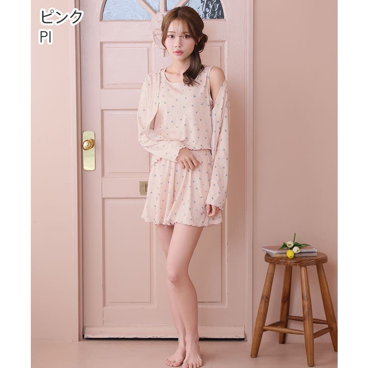 PI-ピンク | 小花柄 カーディガン付き 長袖 3点セット | aimerfeel