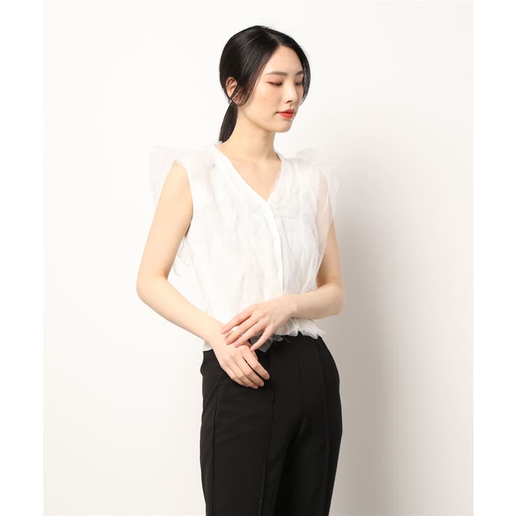 袖リボンドットチュールティアードトップス【宅配便】 | Fit more