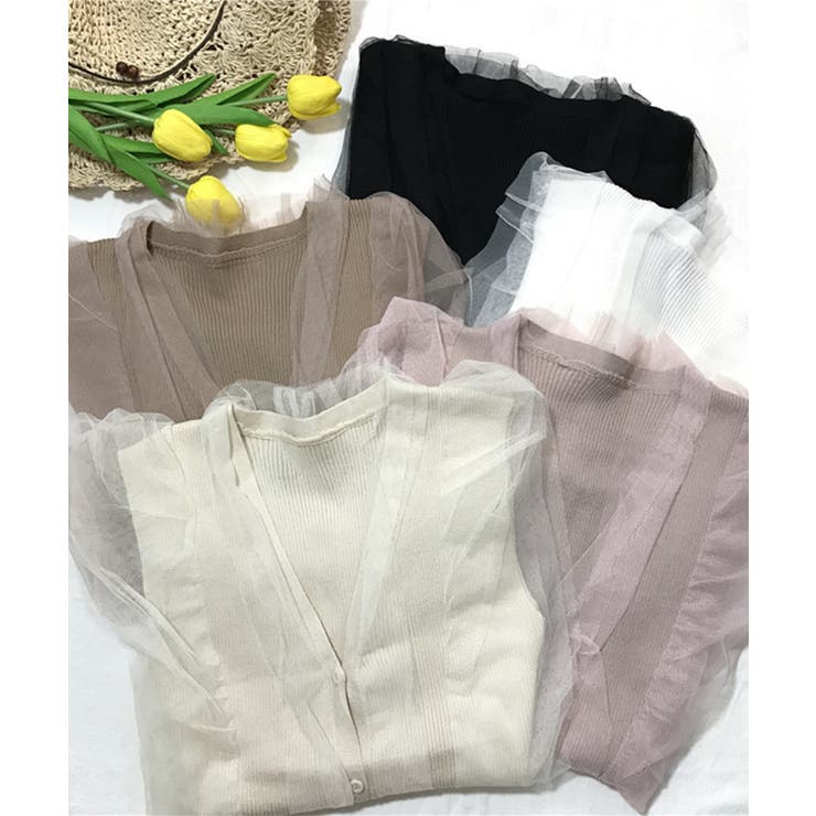 Jasmine GrandiflorumチュールドッキングVネックニットトップス Jasmine GrandiflorumチュールドッキングVネックニットトップス