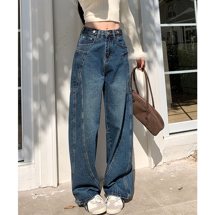 ネイビー | カーブライン ワイドデニムパンツ | aimoha 