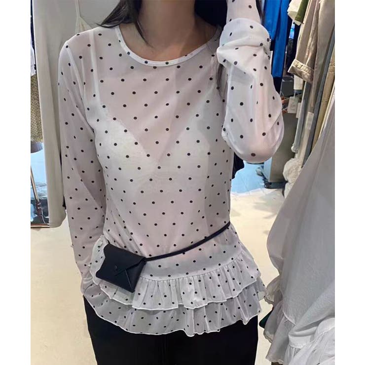ホワイト | ドットチュールプリーツシアートップス | aimoha 