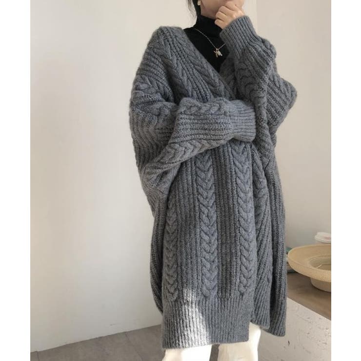 グレー | オシャレ厚手ロングゆったりニットカーディガン 韓国ファッション ワンピース | aimoha 